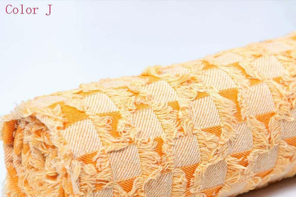 Checkerboard Lattice Fringe Jacquard Denim Fabric - Washed Cotton Material for Bags & Dresses by the Yard