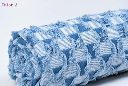 Checkerboard Lattice Fringe Jacquard Denim Fabric - Washed Cotton Material for Bags & Dresses by the Yard
