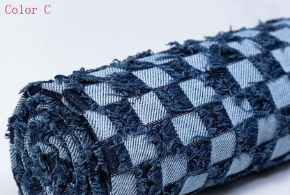 Checkerboard Lattice Fringe Jacquard Denim Fabric - Washed Cotton Material for Bags & Dresses by the Yard