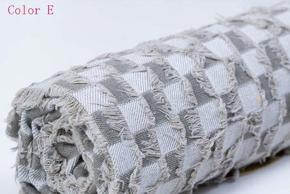 Checkerboard Lattice Fringe Jacquard Denim Fabric - Washed Cotton Material for Bags & Dresses by the Yard