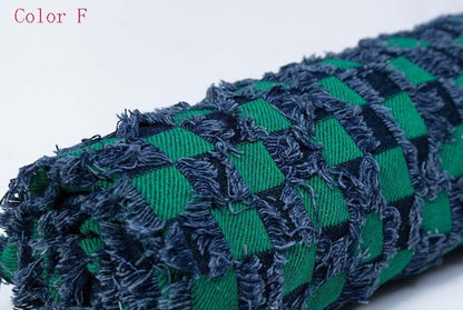 Checkerboard Lattice Fringe Jacquard Denim Fabric - Washed Cotton Material for Bags & Dresses by the Yard