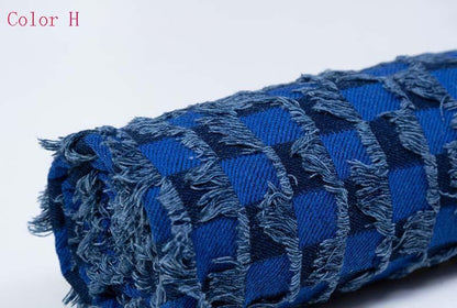 Checkerboard Lattice Fringe Jacquard Denim Fabric - Washed Cotton Material for Bags & Dresses by the Yard