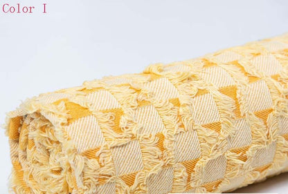 Checkerboard Lattice Fringe Jacquard Denim Fabric - Washed Cotton Material for Bags & Dresses by the Yard