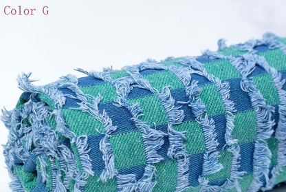 Checkerboard Lattice Fringe Jacquard Denim Fabric - Washed Cotton Material for Bags & Dresses by the Yard