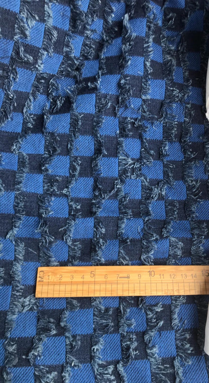 Checkerboard Lattice Fringe Jacquard Denim Fabric - Washed Cotton Material for Bags & Dresses by the Yard