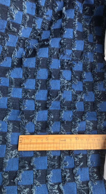 Checkerboard Lattice Fringe Jacquard Denim Fabric - Washed Cotton Material for Bags & Dresses by the Yard