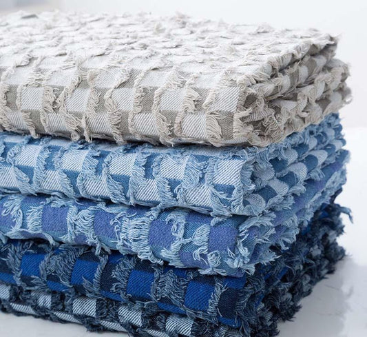 Checkerboard Lattice Fringe Jacquard Denim Fabric - Washed Cotton Material for Bags & Dresses by the Yard
