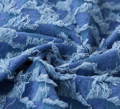 Checkerboard Lattice Fringe Jacquard Denim Fabric - Washed Cotton Material for Bags & Dresses by the Yard