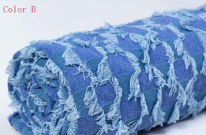 Checkerboard Lattice Fringe Jacquard Denim Fabric - Washed Cotton Material for Bags & Dresses by the Yard