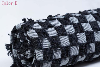 Checkerboard Lattice Fringe Jacquard Denim Fabric - Washed Cotton Material for Bags & Dresses by the Yard