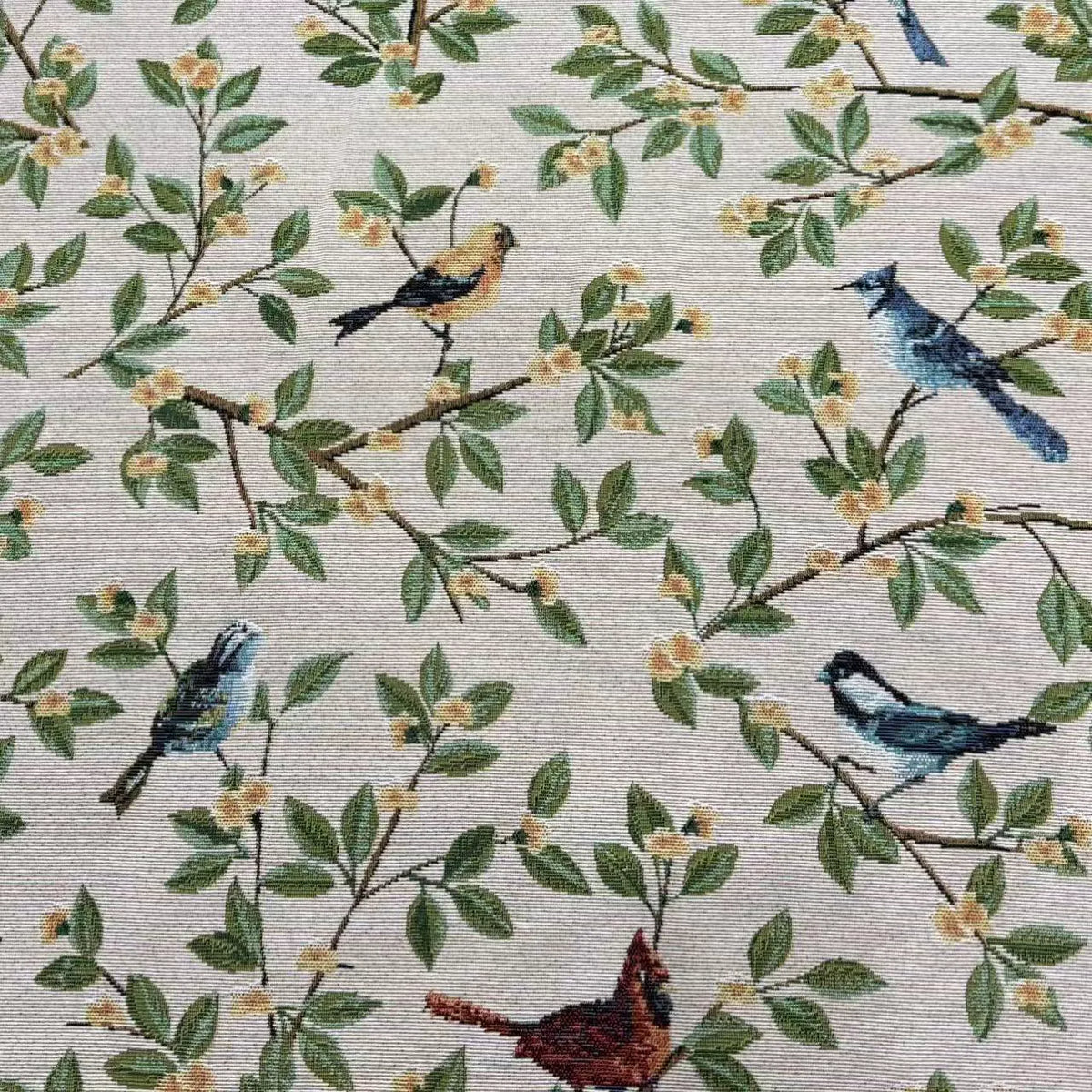 Poly Jacquard Bird & Flower Fabric, for Curtains & Linens - Off White