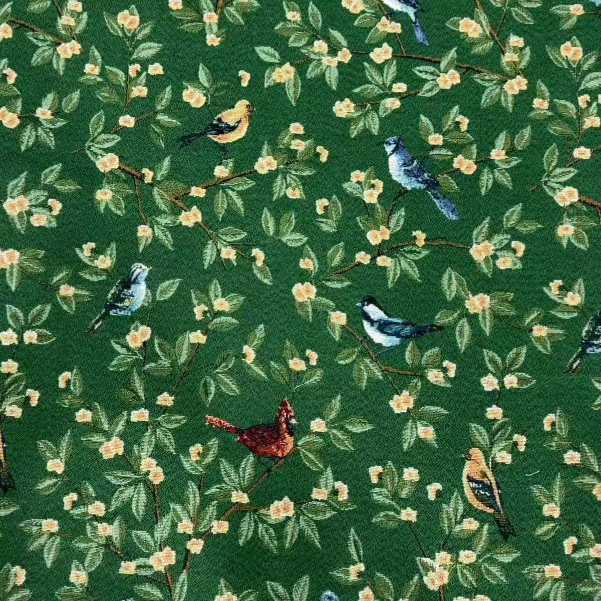 Poly Jacquard Bird & Flower Fabric, for Curtains & Linens - Green