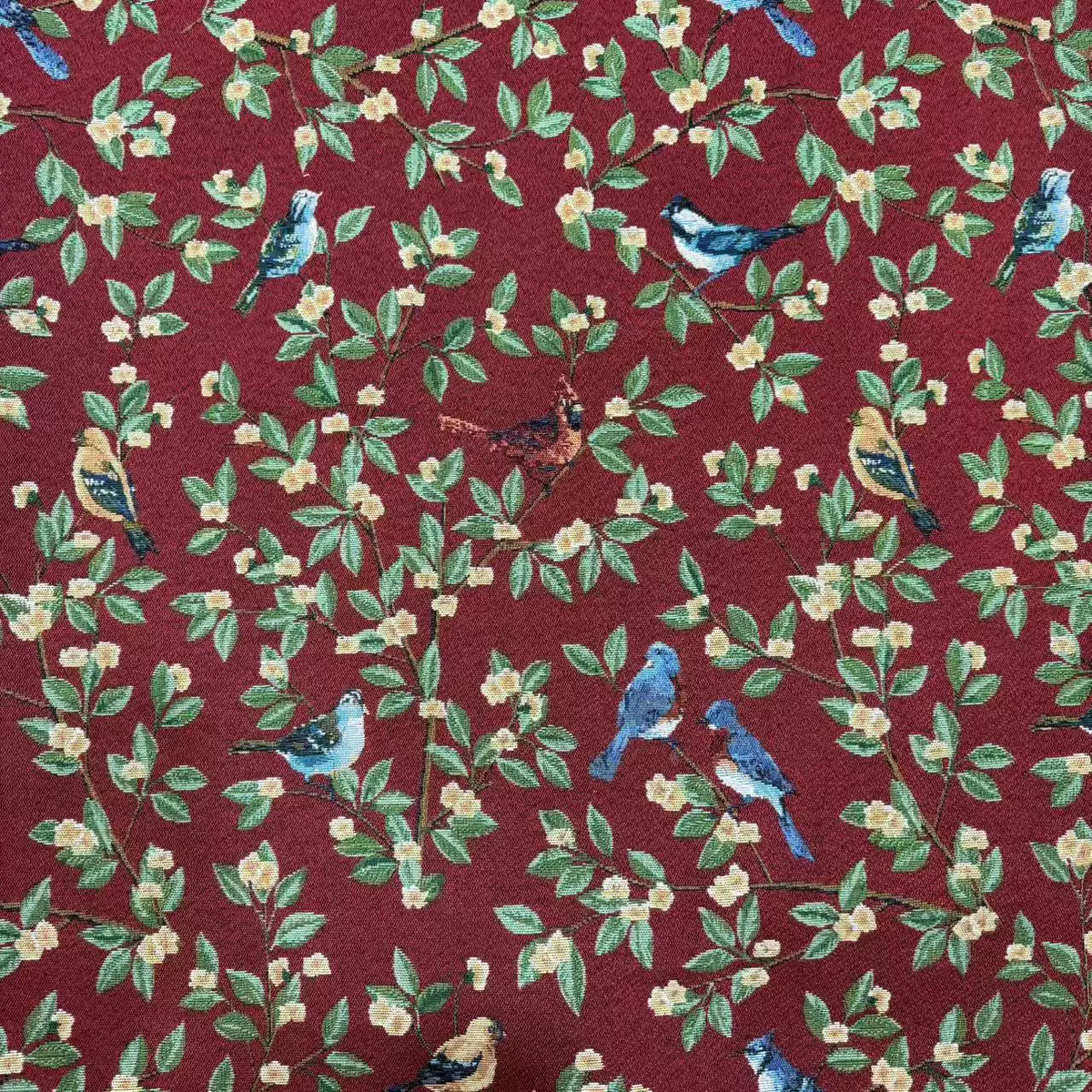 Poly Jacquard Bird & Flower Fabric, for Curtains & Linens - Wine Red