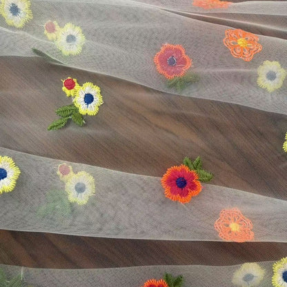 Polyester Mesh Fabric with Chrysanthemum Embroidery, 100 g/m², 135 cm Wide, for Kids' Dresses, Lolita & Craft