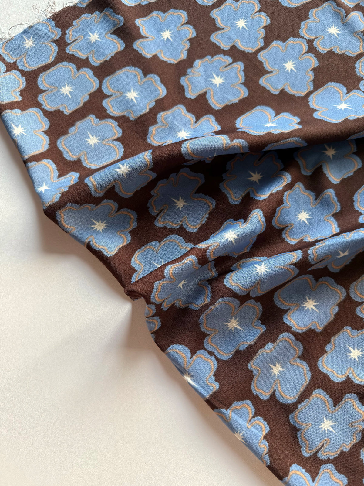 Polyester Satin Print Fabric, Blue Brown Floral, for Dresses, Blouses & Skirts