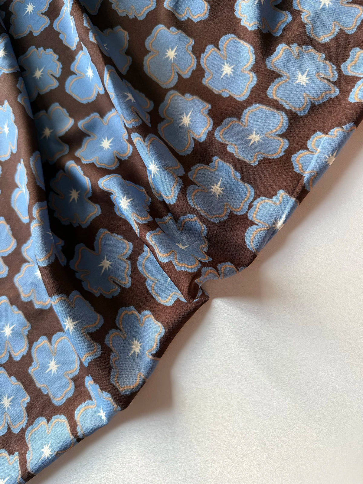 Polyester Satin Print Fabric, Blue Brown Floral, for Dresses, Blouses & Skirts - Blue Brown