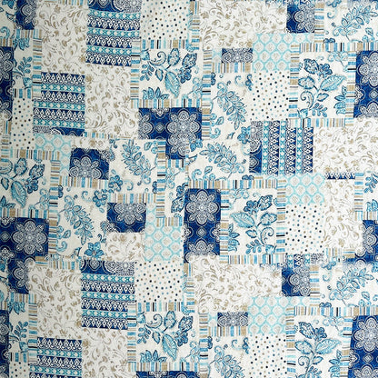 Printed Fabric, Printed, for Dresses & Tops, 59 in Wide - White Blue Tile Patchwork