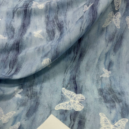 Rayon Fabric, Blue Butterfly Print, for Qipao & Dresses