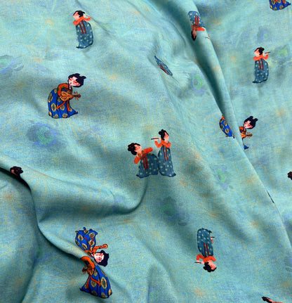 Rayon Fabric, Blue Tang Figure Print, for Vests & Dresses