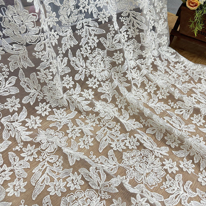 White Embroidered Lace Mesh Fabric for Bridal & Girls' Dresses