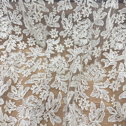 White Embroidered Lace Mesh Fabric for Bridal & Girls' Dresses